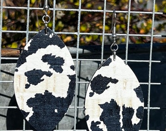 Cow print cork on leather western || rodeo || concert || statement earrings || leather cow earrings