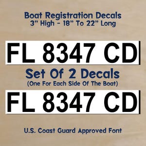 Personalized Boat Registration Number Vinyl Decal: Coast Guard Approved Font (Set of 2)