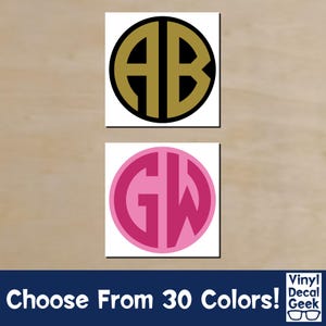 May include: Two monogram designs. The top design features the letters "AB" in gold within a black circle. The bottom design shows the letters "GW" in pink within a pink circle. The text "Choose From 30 Colors!" is at the bottom.