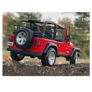 May include: A red Jeep Wrangler with the Jeep logo on the back, driving on a dirt road. The Jeep is facing away from the camera and has a black roll cage and black seats.