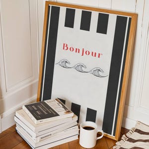 Arte de pared costero "Bonjour Waves" / Póster con estampado bohemio minimalista de verano francés / Decoración playera vintage con líneas abstractas y textura oceánica para pasillo