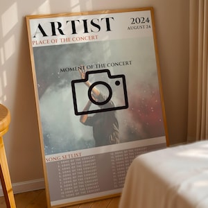 Puede incluir: Un póster enmarcado con la palabra "ARTIST" en la parte superior y "2024 AUGUST 24" a la derecha. El póster presenta una imagen de concierto con una superposición de icono de cámara. La parte inferior enumera una lista de canciones.