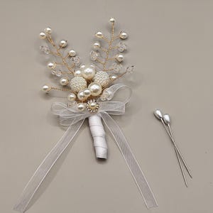 Pearl Wedding Boutonniere  Wrist Corsage Set – Groom, Groomsmen And  Bridesmaid Floral Accessories – Handmade Bridal Party Set