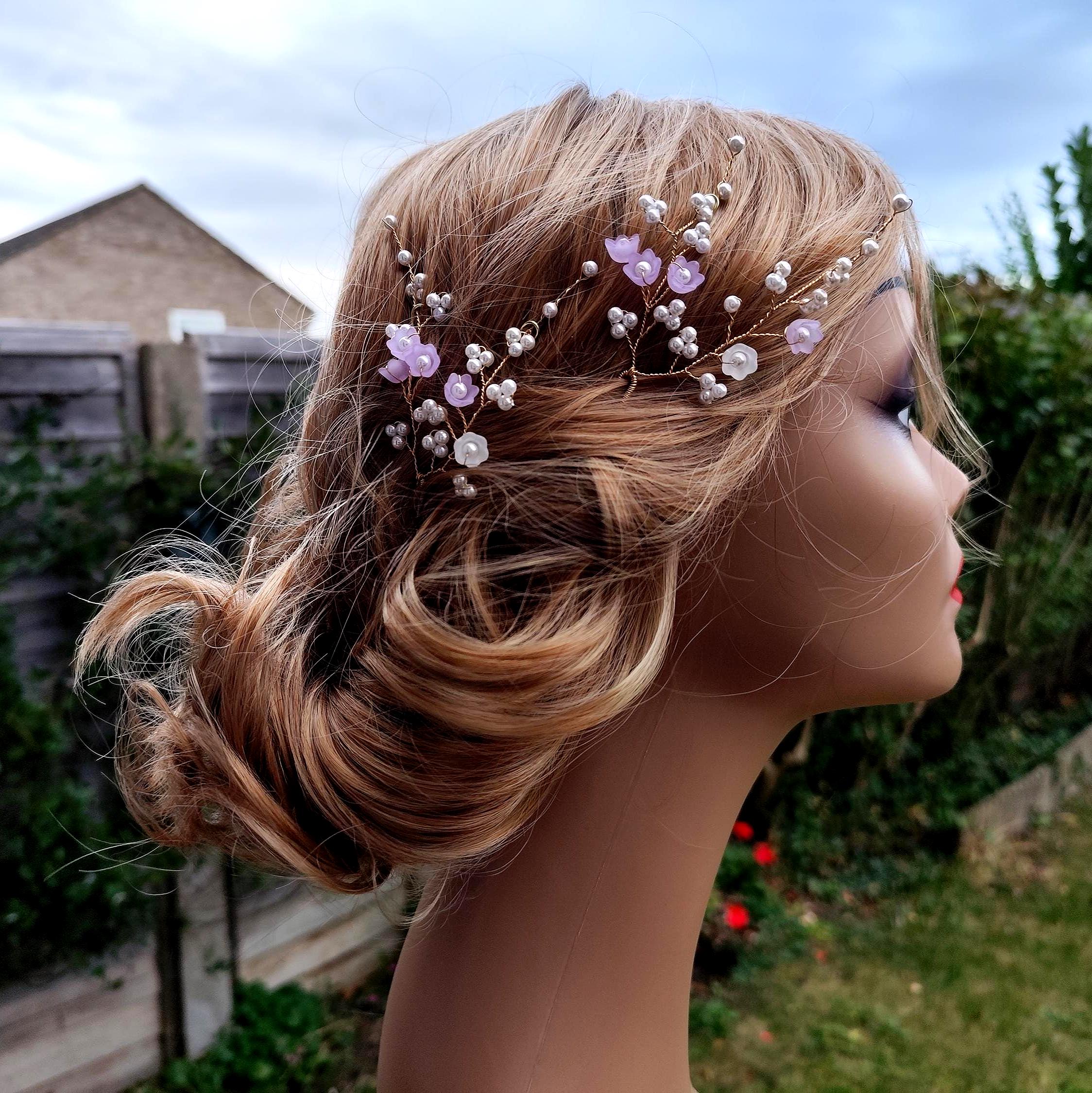 Gold Hair Pins,purple Flowers Hair Clips ,white Pearls Hair  display picture 1