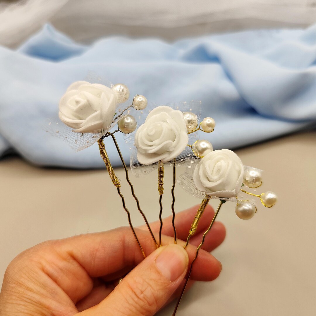 3 Rose Hair Pins Set for Brides, Bridesmaids & Flower Girls – White or ...