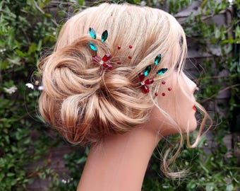 Burgundy Silk Flower Hair Pins Burgundy Rosebud Hair Pin  display picture 1