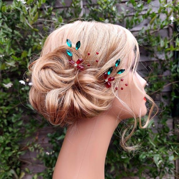 Christmas Hair Pin – Red and Green Crystal Hair Accessories 