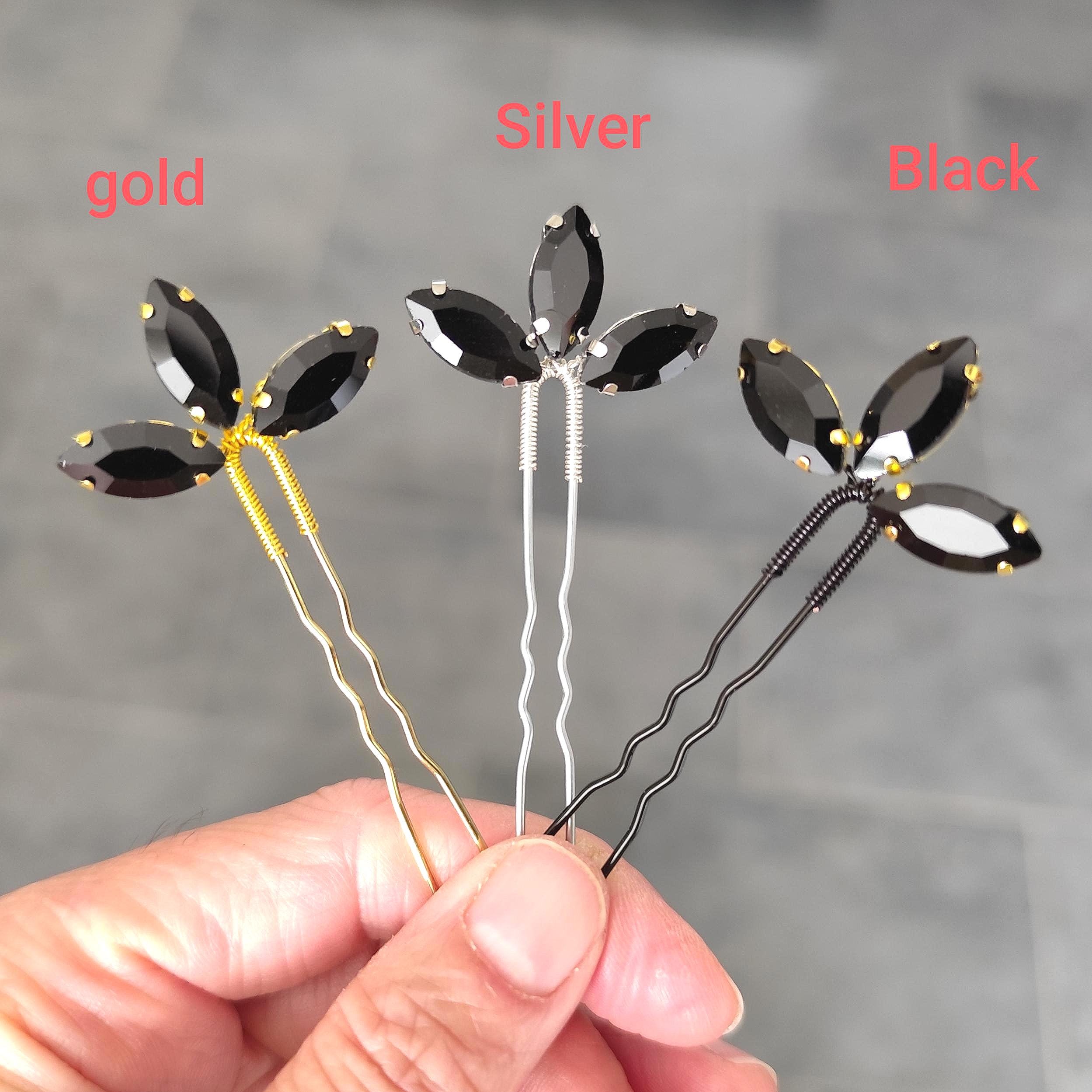 Black Crystal Hair Pins Set – Bridal Hair Accessories – 3 