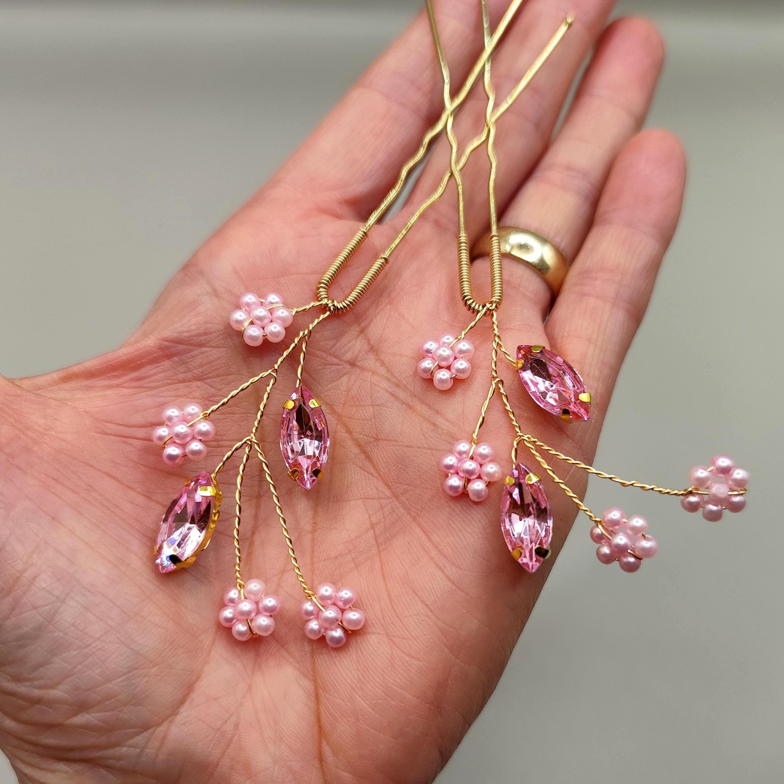 Pink Crystal Flower Hair Pins Set of Two – Handmade Bridal  display picture 2