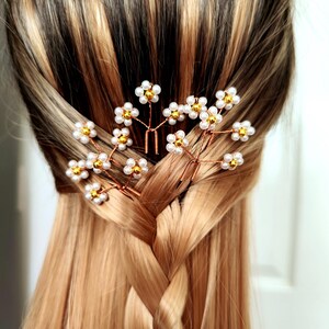 Bridal Hair Pins Set of 3 | White Pearl Flower Pins | Gold Wire Wedding Hair Accessories/Daisy Hair pins/wedding Hair Piece image 1