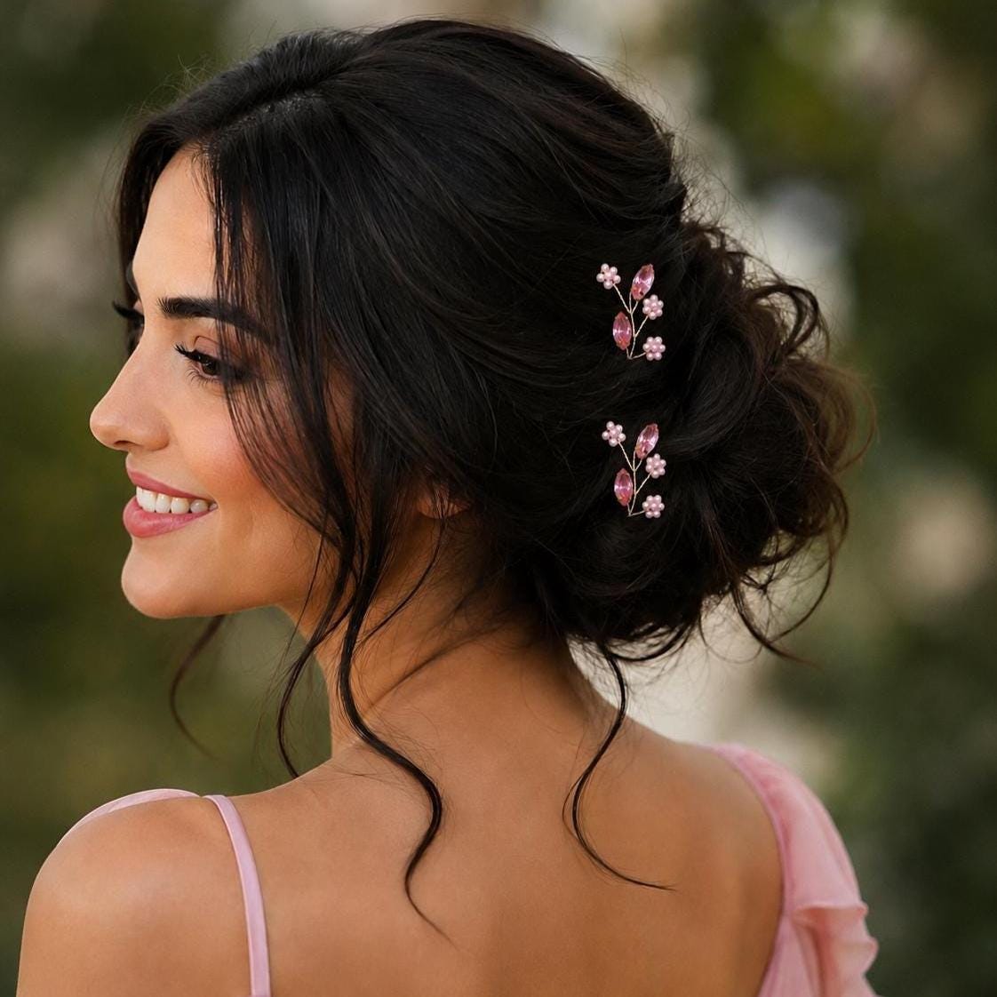 Pink Crystal Flower Hair Pins Set of Two - Handmade Bridal & Bridesmaid Hair Accessory