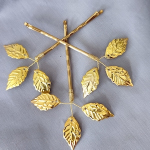 Gold Leaf Bobby Pins – Set of 3 – Elegant Bridal Hair Pins – Handmade Wedding Hair Accessories – Boho & Vintage Style