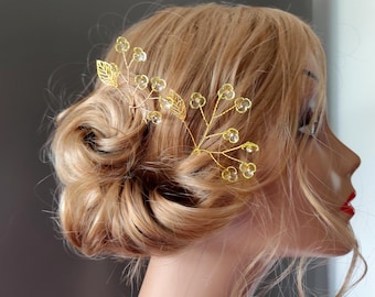 Yellow Flower Hair Pin, Gold & Silver Bridal Hair Accessory, Handmade Bridesmaid Hairpiece