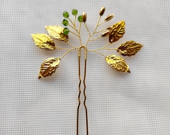 Gold Leaf and Green Crystal Hair Pin /Bridal Hair Accessory/Wedding Gift/Bridesmaid Hair Piece/ Special Occasion Hair Pin
