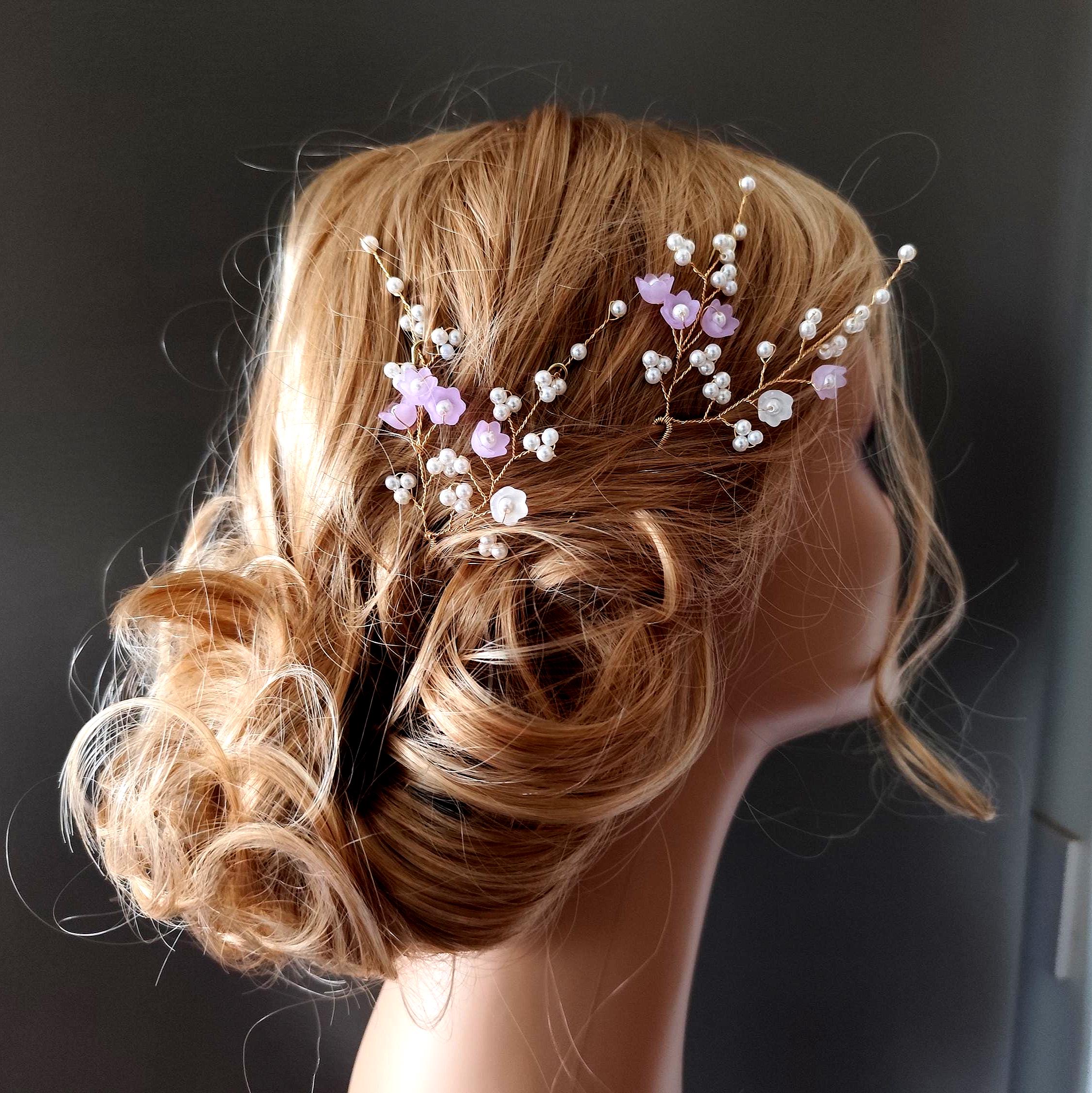 Flower Bridal Hair Clip Gold Purple Pearl Wedding Party Hair Accessories Women G Purple Floral Bridal Hair Jewelry, Crystal Wedding Hair Comb  main image 2