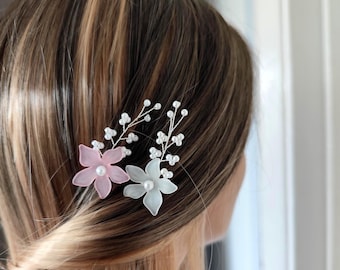 Bridal Pearl Flower Hair Pins - Wedding Hair - Gold /Silver Hair Pins -Blush pink  Handmade Hair Pieces for Brides & Bridesmaids (Set of 2)