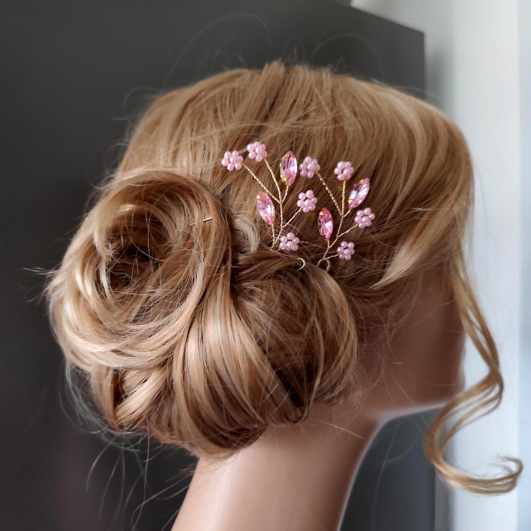 Pink Crystal Flower Hair Pins Set of Two – Handmade Bridal 