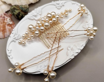 Pearl Hair Pins Set of 5, Gold or Silver Bridal Accessories, Wedding Pieces for Bridesmaids, Handmade Pearl Design