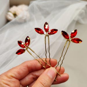 Red Crystal Hair Pins Set of 3 | Bridal Hair Accessories | Bridesmaid Hairpins | Wedding Hair Jewelry | Prom Hair Pins | Red Hairpiece