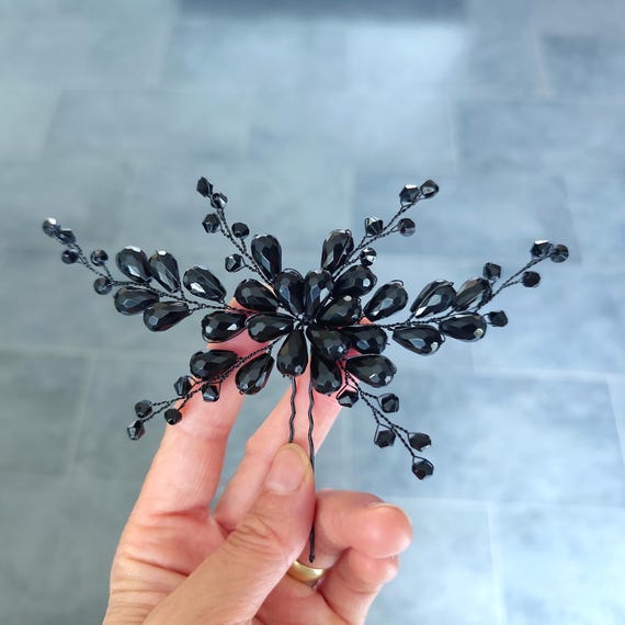 Black Crystal Hair Pin for Wedding or Prom – Handmade Wire 