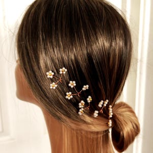 Bridal Hair Pins Set of 3 | White Pearl Flower Pins | Gold Wire Wedding Hair Accessories/Daisy Hair pins/wedding Hair Piece image 10