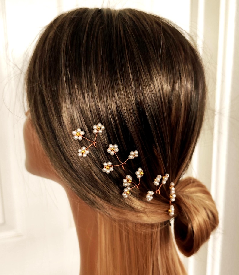 Bridal Hair Pins Set of 3 | White Pearl Flower Pins | Gold Wire Wedding Hair Accessories/Daisy Hair pins/wedding Hair Piece image 10