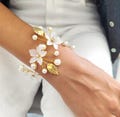 Pearl Bridesmaid Wedding Bracelet/Hand Flowers Bride Wrist Corsage/Bracelet Prom Corsage/White Corsage/Wrist Flower with gold leaves