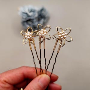 Gold Pearl Flower Hair Pins - Bridal Wedding Hair Accessories - Set of 3