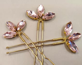 Rose Gold Crystal Hair Pins, Bridal Hair Accessory, Set of 5 