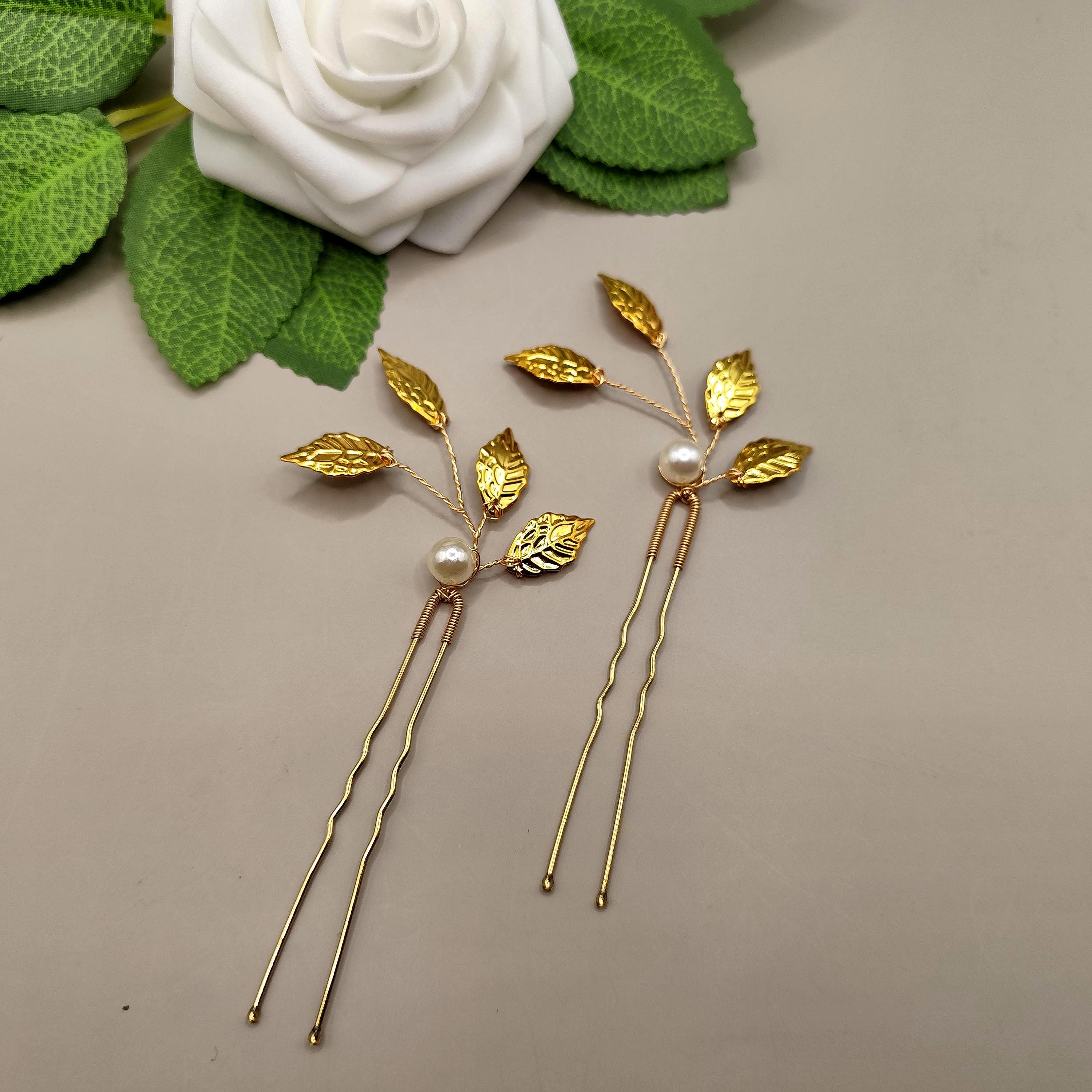 Handmade Pearl Leaf Hair Pins Wedding Headband Bridal Accessories Set october-gold-leaves-and-pearl-  main image 3