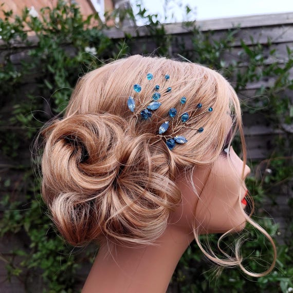 Blue Crystal Hair Pins Set of 2 | Bridal & Bridesmaid Hair  display picture 2