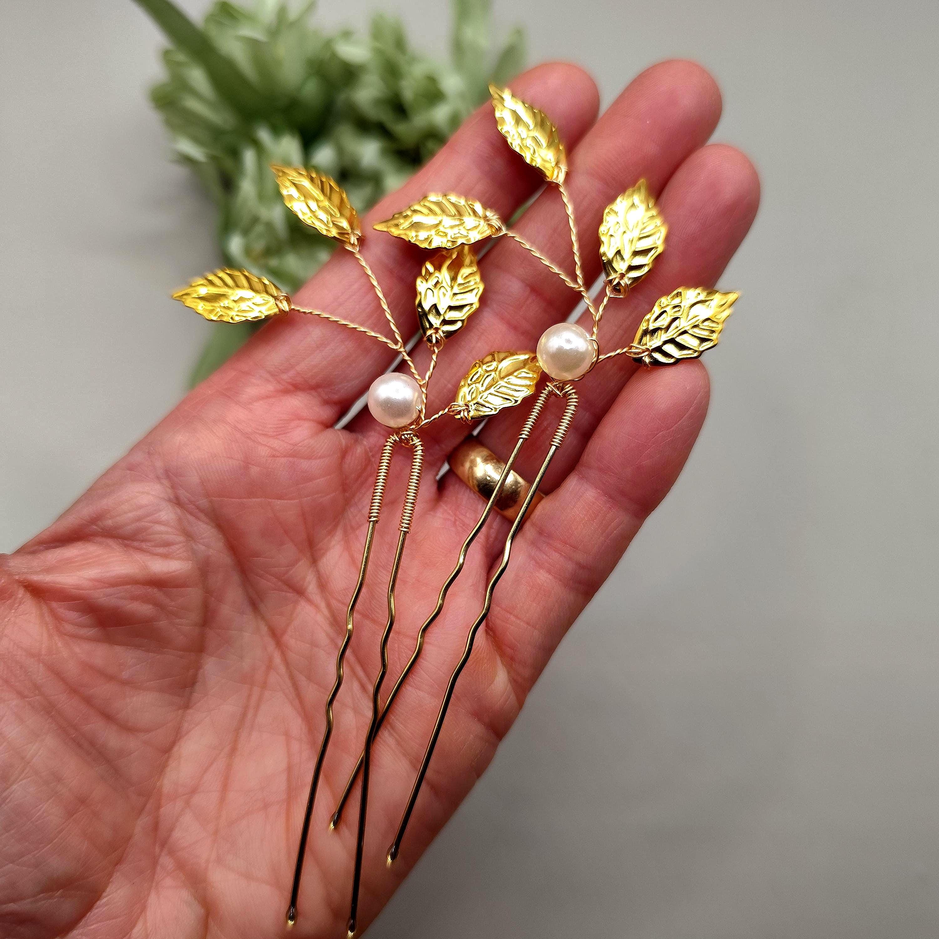 Women\'s Gold 2 6 Pieces Handmade Gold Leaf Pearls Flower Bridal Hair Bridesmaid Bridal Hair Accessories Gold Leaf and Pearl Set of 2 - Etsy main image 3