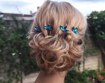 Bridal Hair Pins Set of 3 – Blue Crystal Hair Accessories for Wedding, Bridesmaid, Prom, Special Occasion – Something Blue Hairpiece