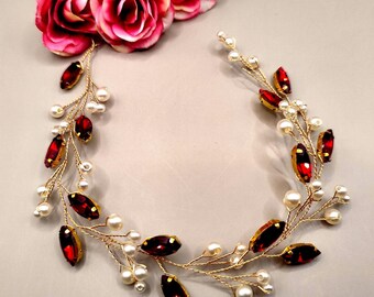 Red Bridal Hair Vine | Crystal Rhinestone Pearl Wedding  display picture 3
