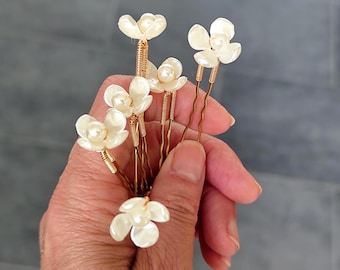 Mother of Pearl Hair Pins, Set of 6 Bridal Flower Hair Pins, Wedding & Flower Girl Accessories