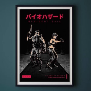 May include: A retro-style poster for the video game Resident Evil, featuring the Japanese title "バイオハザード" and the English title "Resident Evil". The poster features two characters, a man and a woman, holding guns and standing in a dark hallway. The poster is in black and white with red accents.