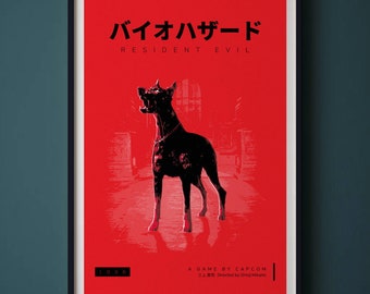 May include: A red poster with black text that reads "バイオハザード" and "RESIDENT EVIL". The poster features a black dog with red eyes standing in a hallway. The text "A GAME BY CAPCOM" is at the bottom of the poster.