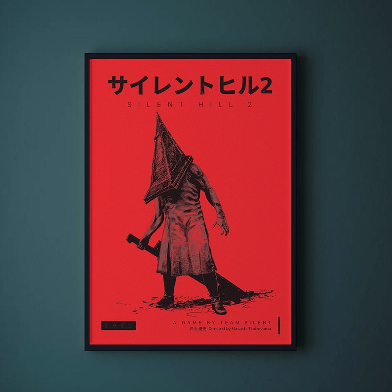 Silent Hill 2 Game Poster - Character set on a red background with a mixture of Japanese and English text in black. Available in A5, A4, A3 & A2.