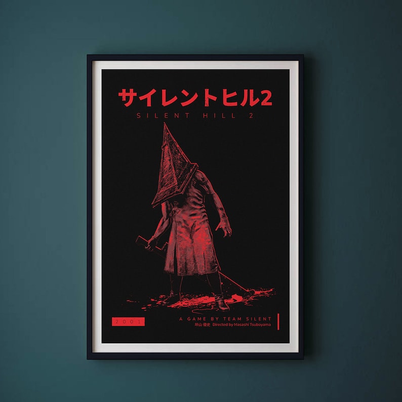 Silent Hill 2 Game Poster - Character set on a black background with a mixture of Japanese and English text in red. Available in A5, A4, A3 & A2.