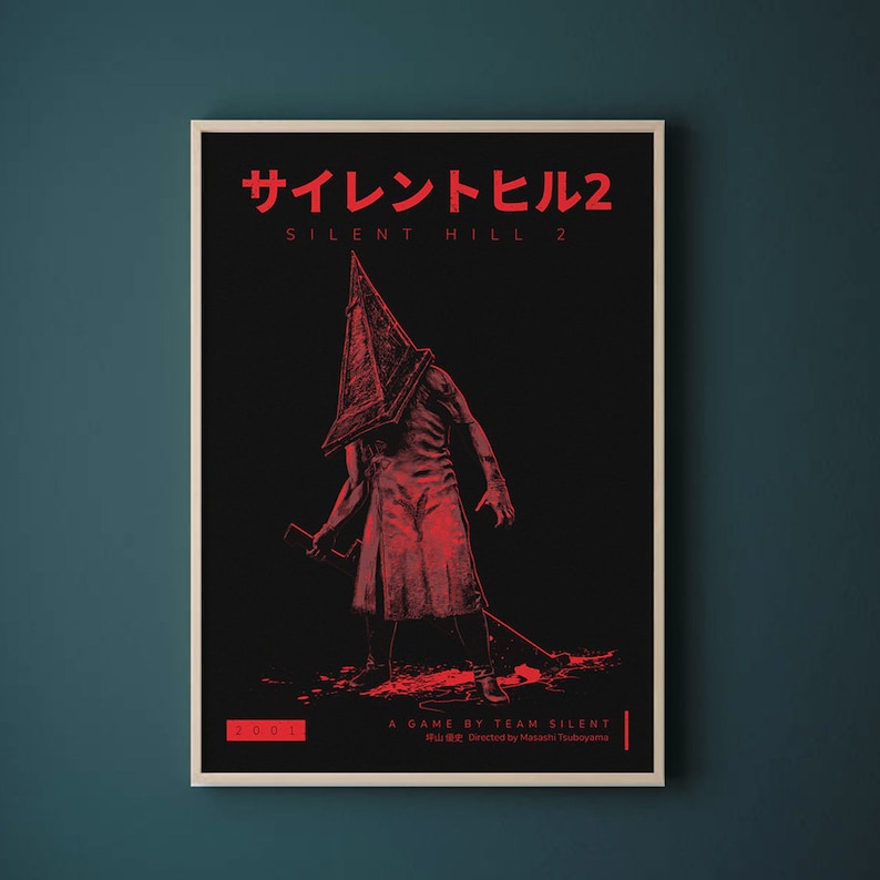 Silent Hill 2 Game Poster - Character set on a black background with a mixture of Japanese and English text in red. Available in A5, A4, A3 & A2.