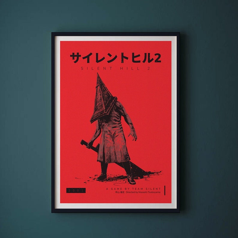 Silent Hill 2 Game Poster - Character set on a red background with a mixture of Japanese and English text in black. Available in A5, A4, A3 & A2.