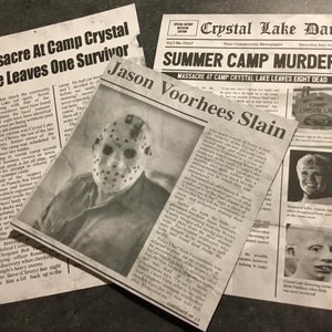 Friday the 13th  3 x Newspaper articles Jason Voorhees - INSTANT DIGITAL DOWNLOAD. Camp Crystal lake. Crystal lake news. Tommy Jarvis