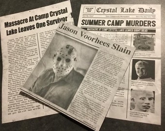Friday the 13th  3 x Newspaper articles Jason Voorhees - INSTANT DIGITAL DOWNLOAD. Camp Crystal lake. Crystal lake news. Tommy Jarvis