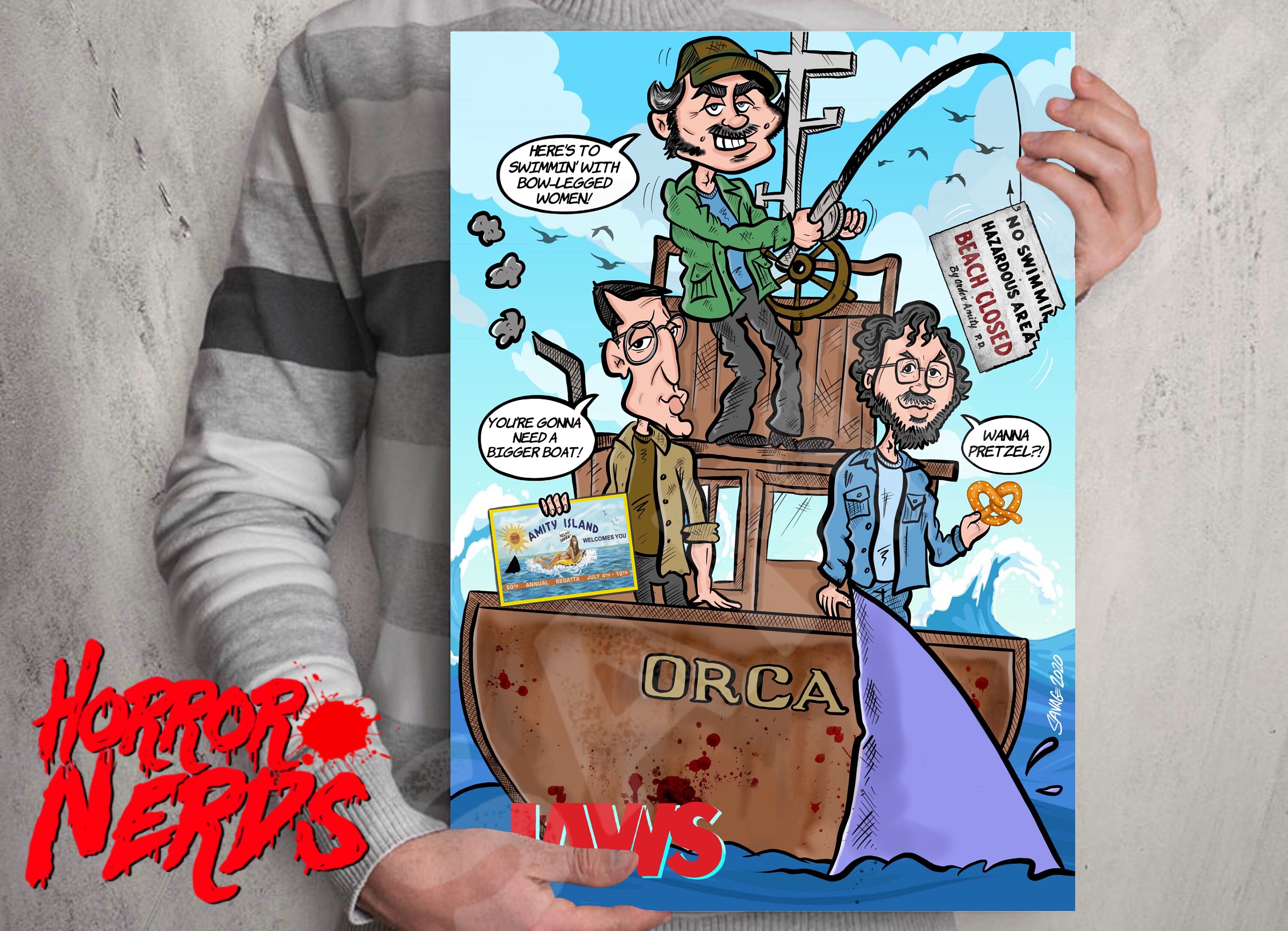 Jaws Cartoon Poster. Amity Island. Quint, Brody, Hooper. DIGITAL