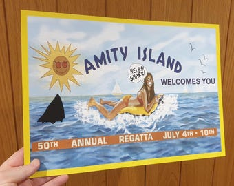 ジョーズ アミティ島へようこそ 看板。ポスター印刷。アミティ島