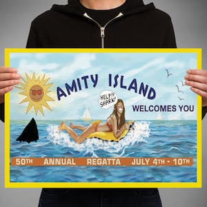 Jaws Welcome to Amity Island Billboard sign. Poster print. Amity Island. Brody Quint Hooper. Beach Closed Amity Police. Steven Spielberg