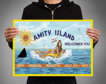 Jaws Welcome to Amity Island Billboard sign. Poster print. Amity Island. Brody Quint Hooper. Beach Closed Amity Police. Steven Spielberg