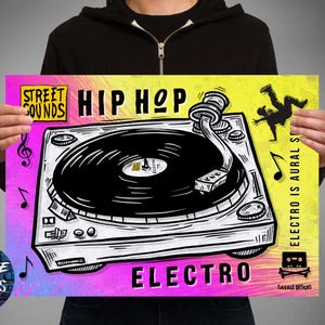 May include: A poster featuring a black and white illustration of a record player, with the words "HIP HOP ELECTRO" in bold letters. The background is a gradient of pink and yellow, with musical notes and a breakdancing silhouette.