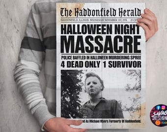 Halloween Haddonfield newspaper poster print - Michael Myers Smith’s grove sanitarium. 1980s Horror film horror movie