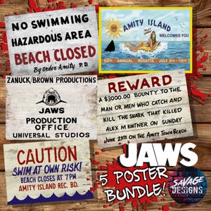 Jaws -  5 poster bundle - Accurate to the screen used signs from Jaws. INSTANT DIGITAL DOWNLOAD. Beach closed. Amity Island Quint Brody